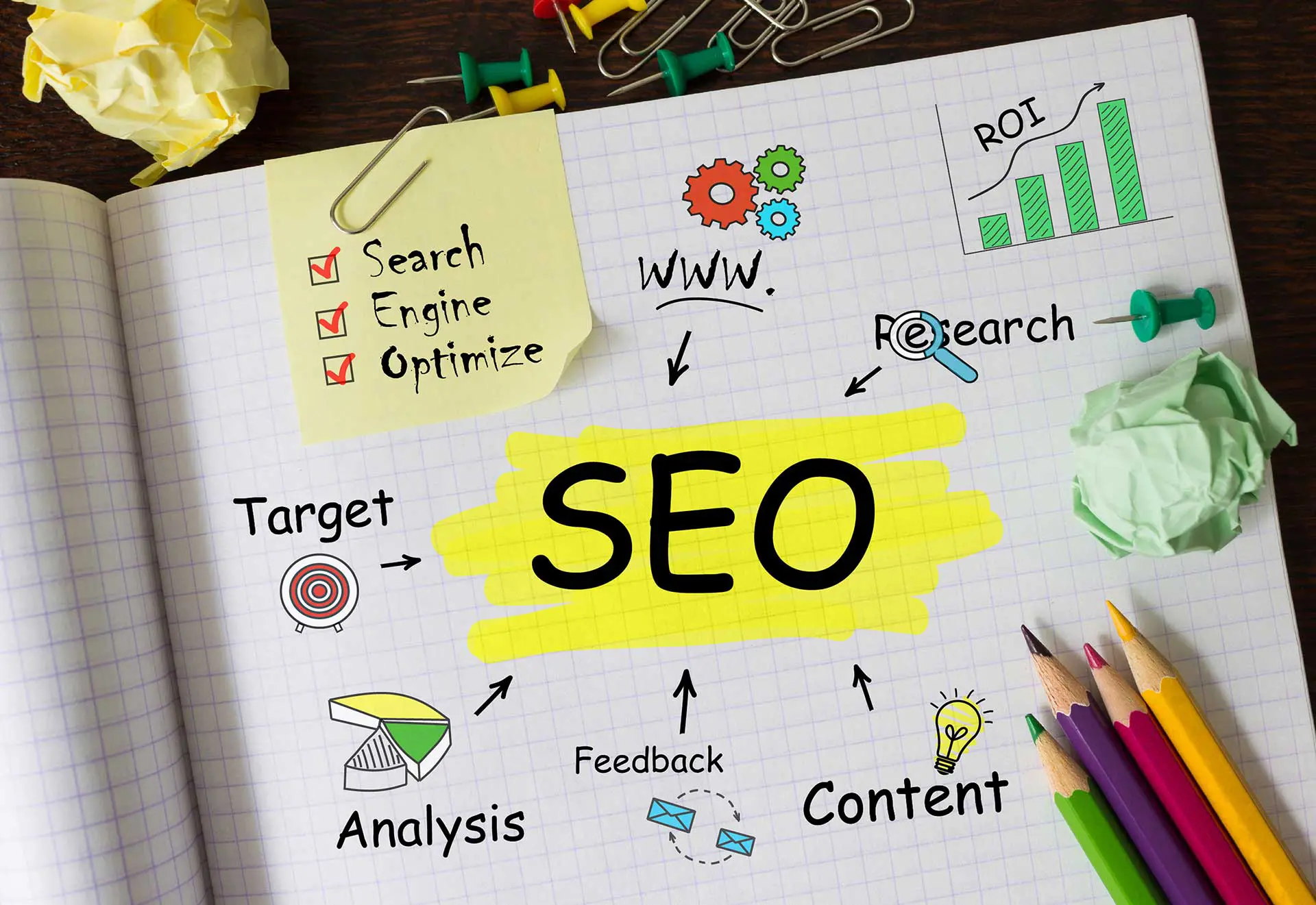 SEO visually described in a notebook. Website Promoters offers top quality SEO writing services.