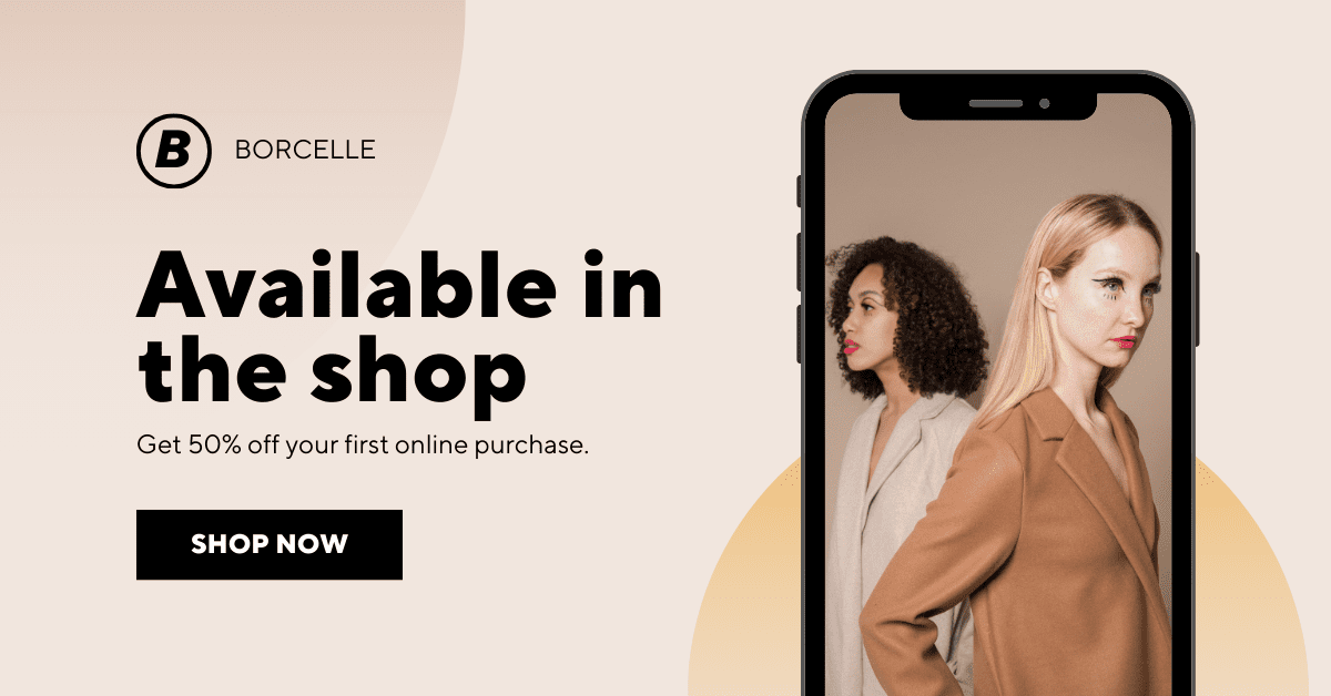 A phone displaying two women. The product is available in the shop at 50%.