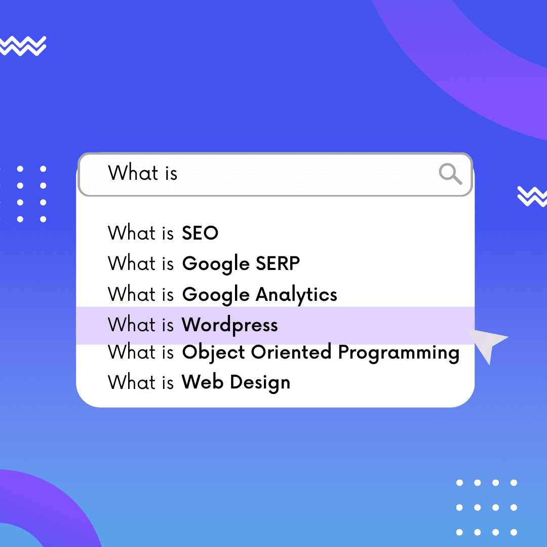 A search engine with a blue background and suggested searches.