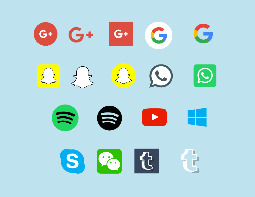 Icons for Google, Google+, Pinterest, WhatsApp, Spotify, YouTube, Microsoft, Skype and Tumblr.