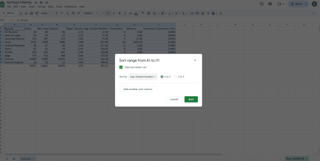 Sorting data in Microsoft Excel