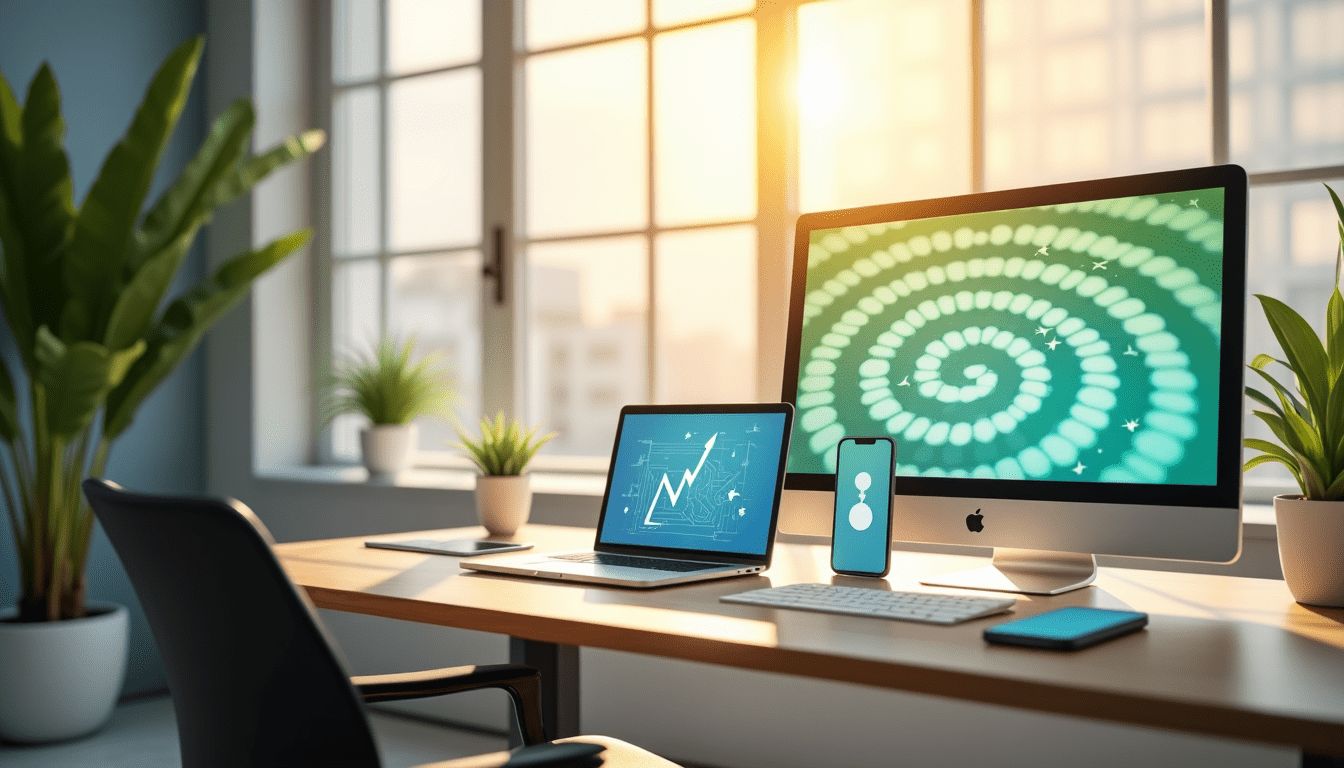 Images on computers and a phone. One image is a spiral. Another image is an arrow going up and to the right.