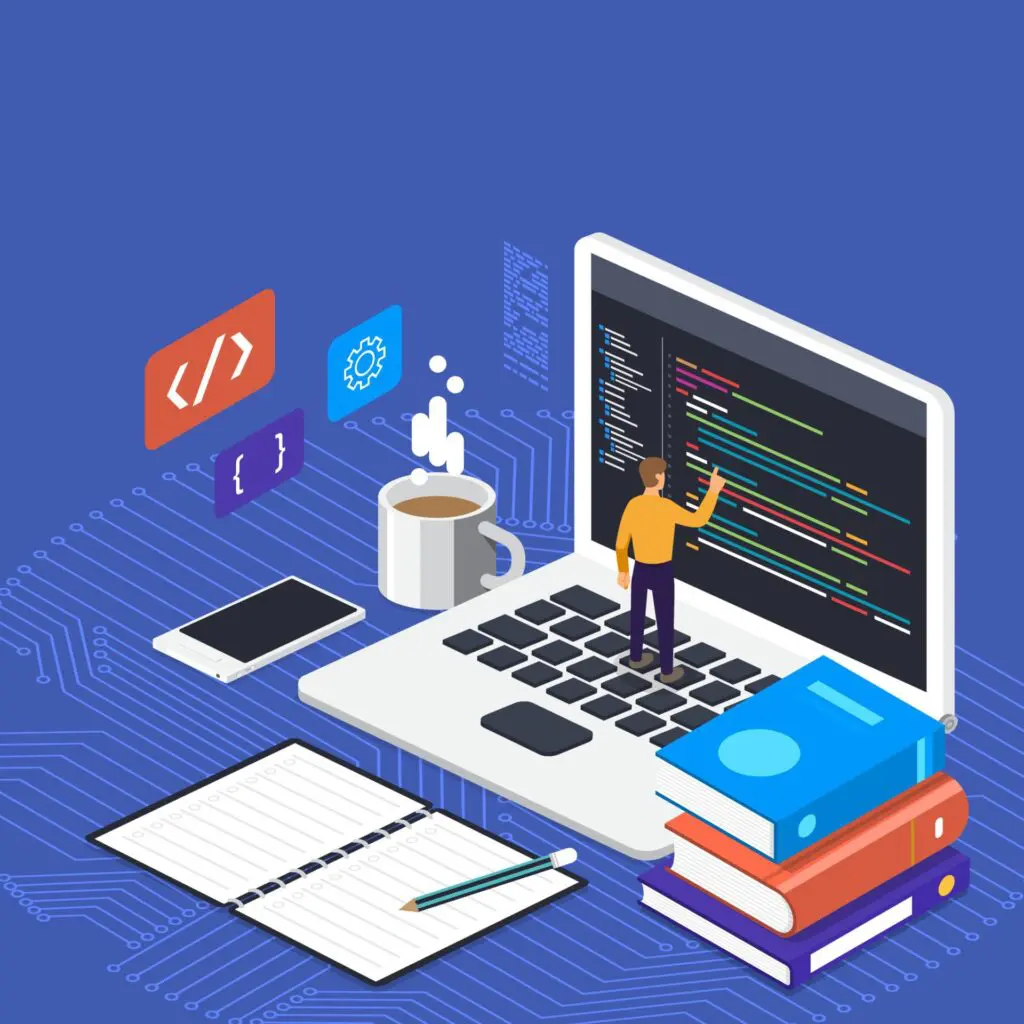 An image displaying various programming elements. An IDE on a laptop. A phone to the left of the laptop. Books to the right of the laptop.
