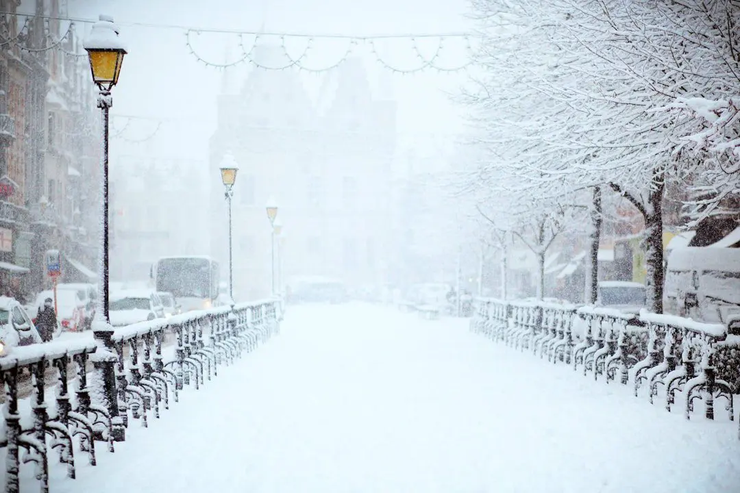 A street filled with snow presumably during winter time. This is for a blog post about seasonal animations using CSS.