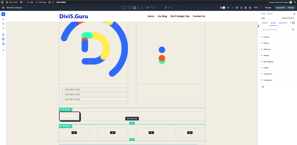 Click the green button in Divi 5 to add a section.