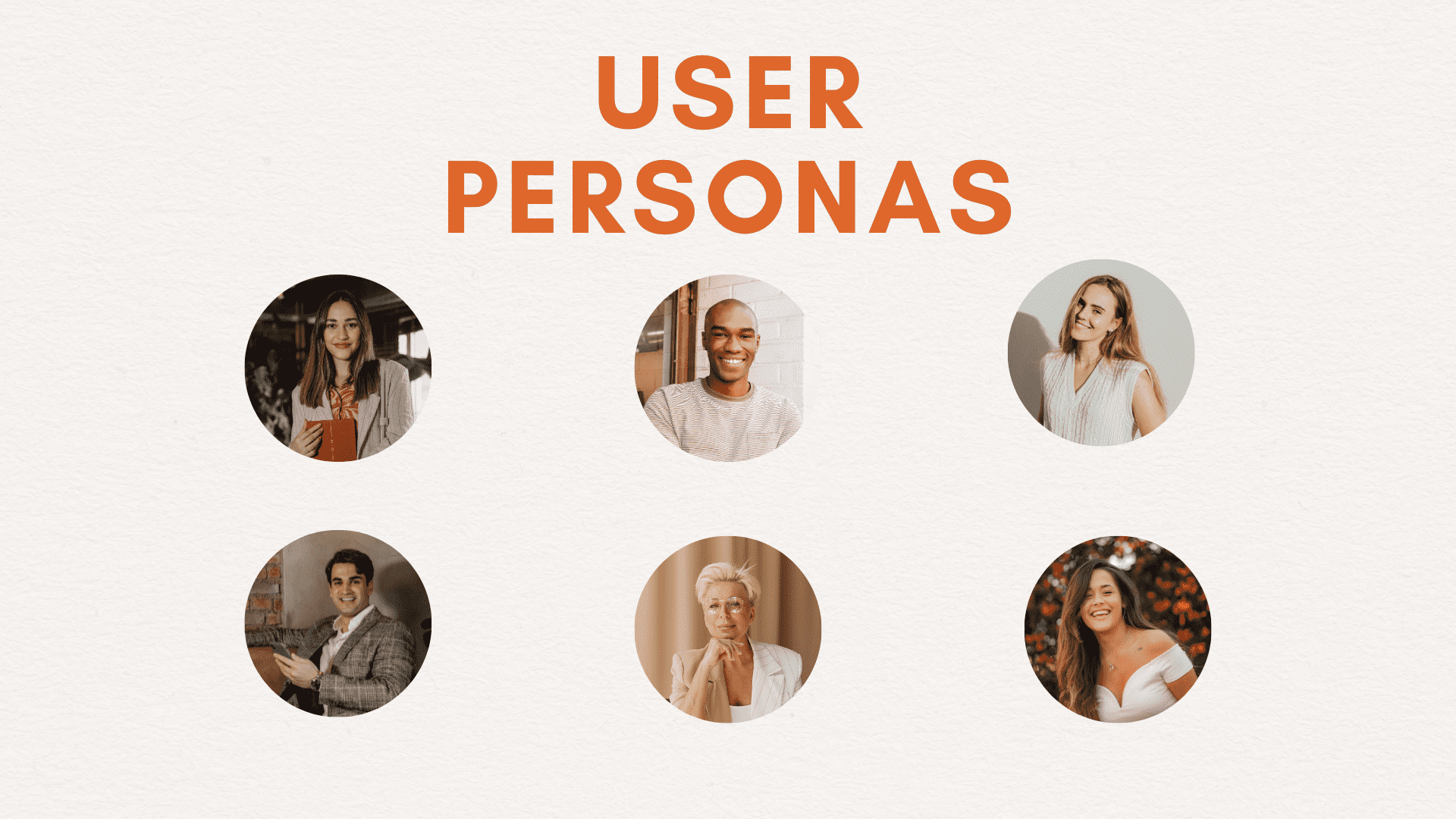 User persona is on top and in capitalized orange letters. Below are circular images of six people.