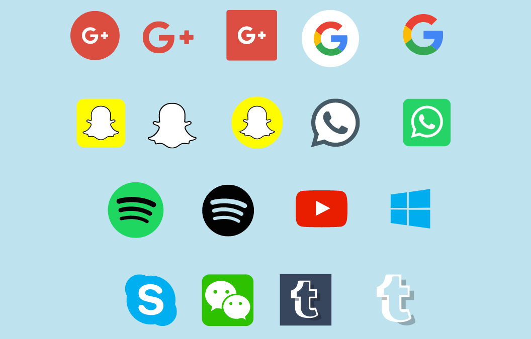 Icons for Google, Google+, Pinterest, WhatsApp, Spotify, YouTube, Microsoft, Skype and Tumblr.