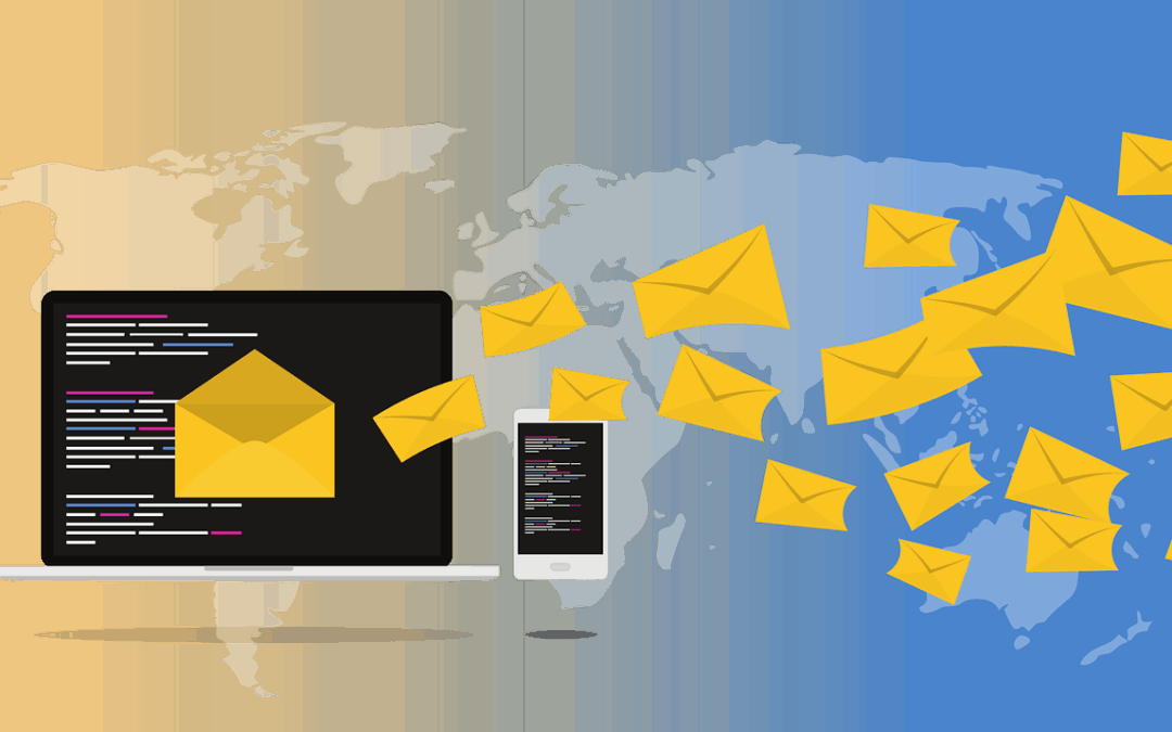 WordPress Mail. Mail is entering a computer and that computer is next to a phone. Behind those images seems to be an atlas. Image by Muhammad Ribkhan from Pixabay
