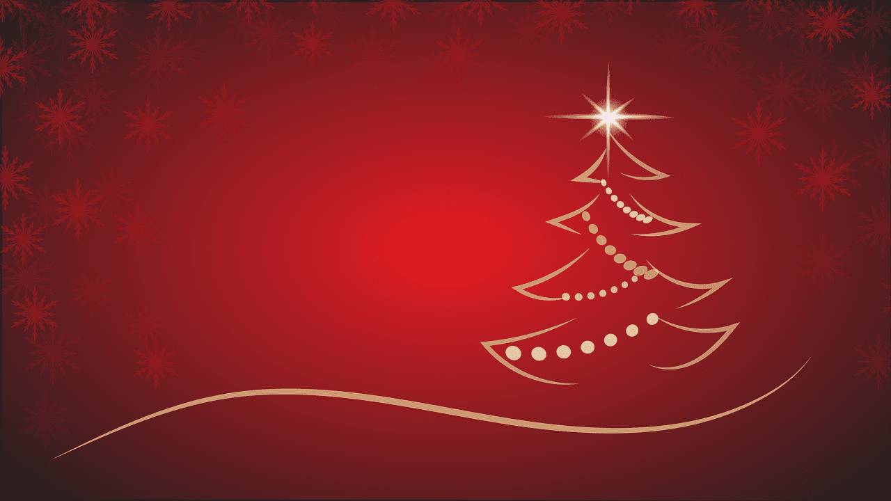 A red background with a Christmas tree.