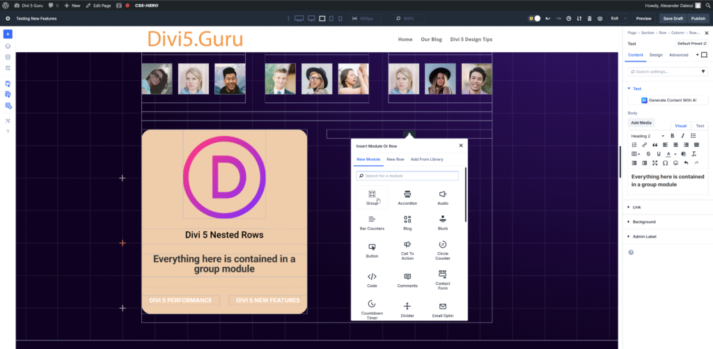 Divi 5 group modules and nested rows
