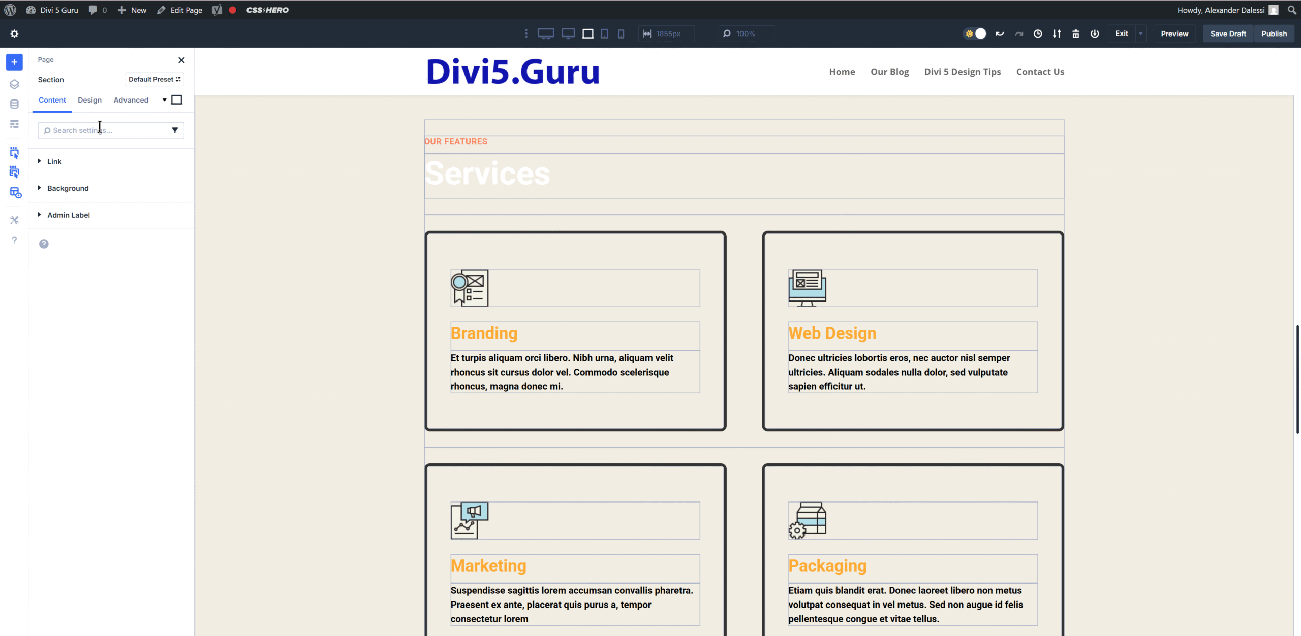 The page, row or section settings are dockable on the left or right side of the screen.