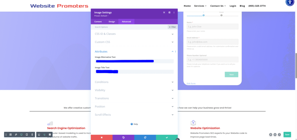 What is the purpose of image alt texts? They clarify to search engines the content and purpose of the webpage. Image alt texts and titles can easily be changed in WordPress using a theme builder such as Divi as seen here for each image on a page.