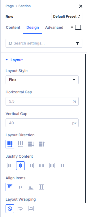 To activate the Divi 5 Flexbox go into the design tab for the section settings.