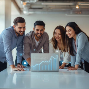 Team of digital marketing professionals from an Orange County SEO company reviewing website analytics on a smartphone, with rising graph visuals symbolizing successful SEO and web design strategies that drive online growth and conversions.