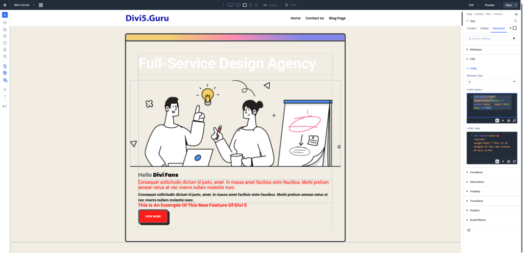 Divi 5's custom html wrapper feature. 