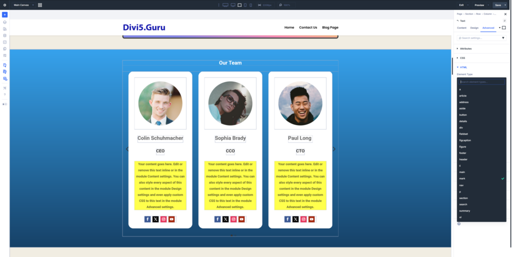 Changing the semantic element type in Divi 5 to mark from division.